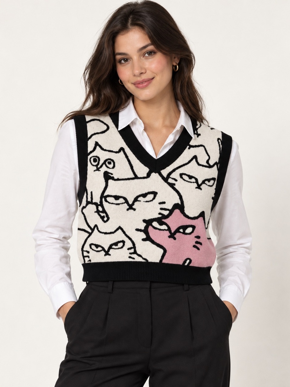 CIDER Lil’ Kitties Cat Graphic Cropped Sweater Vest Pink Black White S